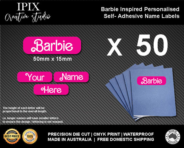 50 x Barbie Inspired Kids School Stationary Name Labels | 50mm x 15mm | Book | Personalised | Sticker | Decal