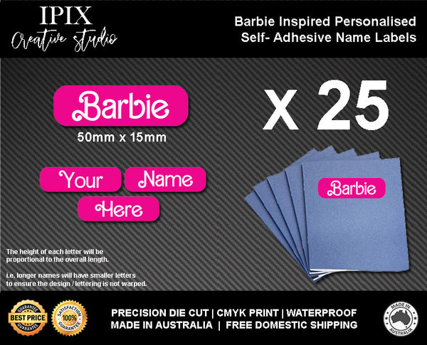 25 x Barbie Inspired Kids School Stationary Name Labels | 50mm x 15mm | Book | Personalised | Sticker | Decal