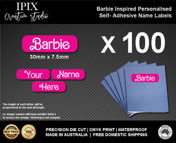 100 x Barbie Inspired Kids School Stationary Name Labels | 30mm x 7.5mm | Book | Personalised | Sticker | Decal