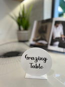 WHITE & BLACK TABLE TOP SIGN 125MM CIRCLE | ACRYLIC | PERSONALISED | WEDDING | BOY | GIRL | PARTY
